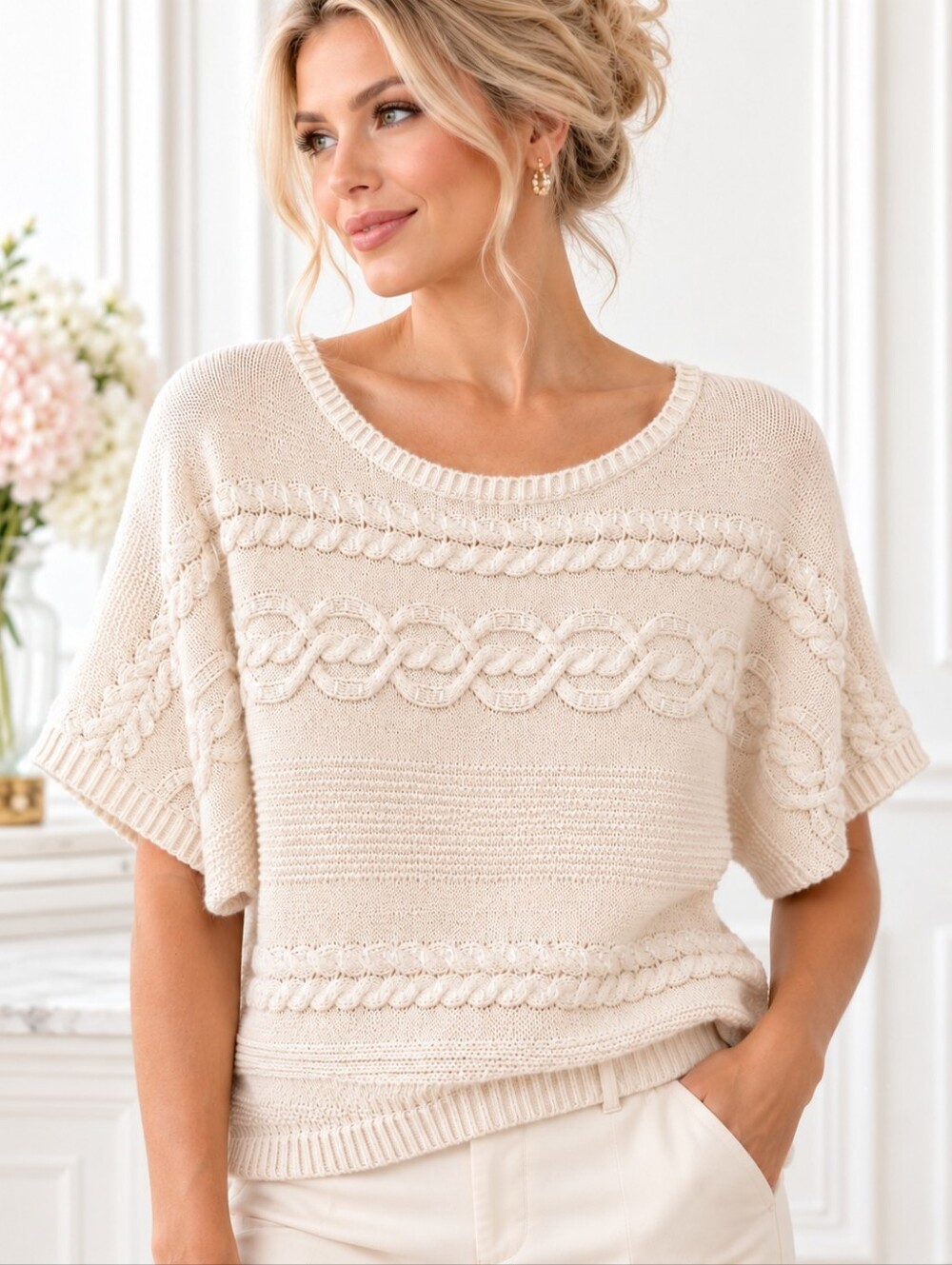 New York & Company Ivory Embellished Textured Knit Sweater | Size XS